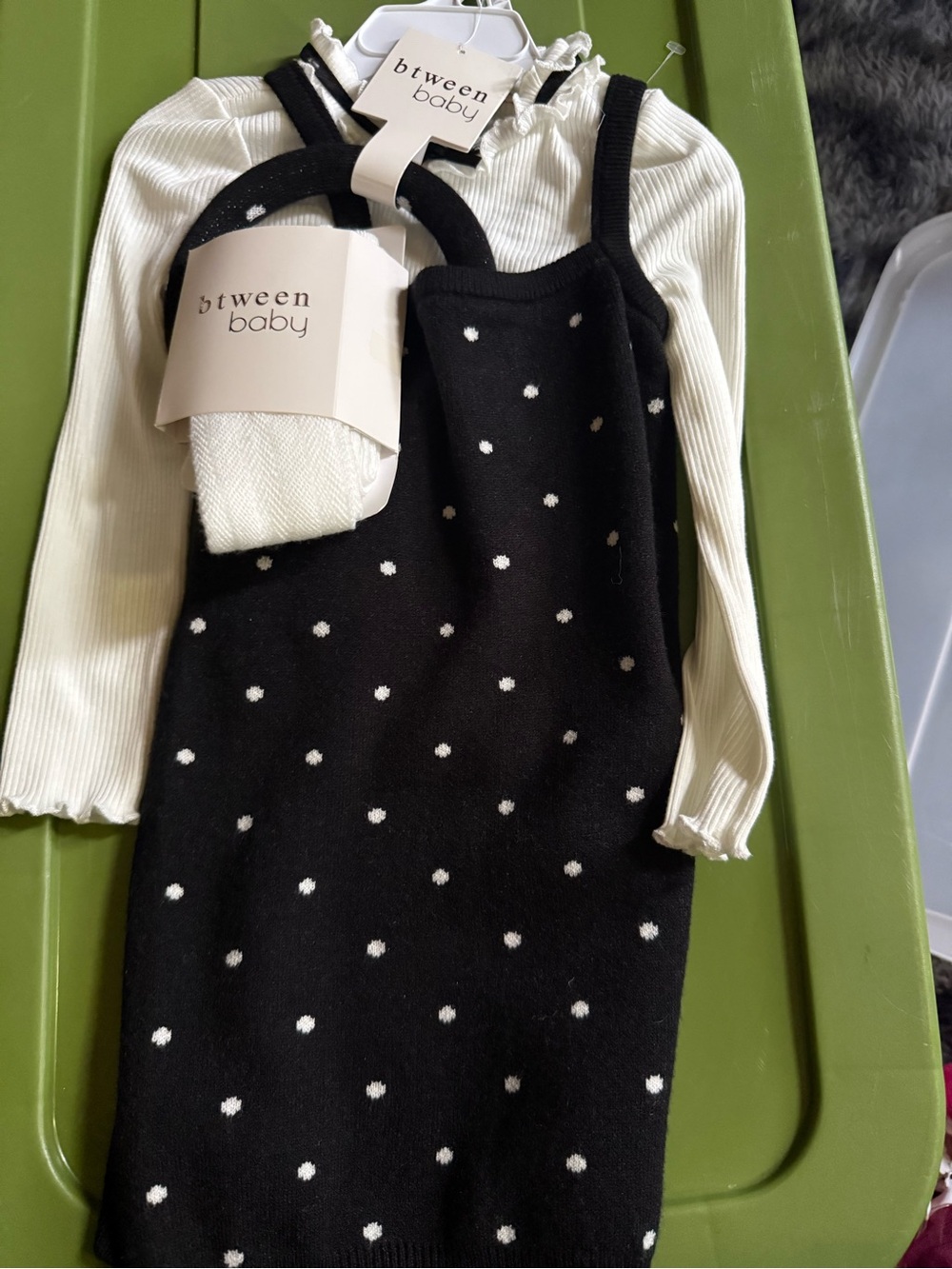 btween Black Dress with White Polka Dot Knit and Cream Long-Sleeve Top